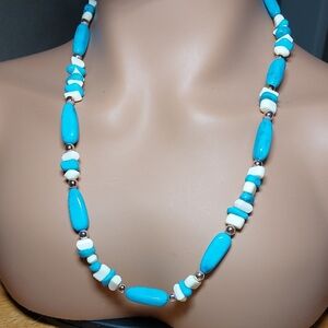 Vintage 24" Plastic Turquoise White Color Block Bead Necklace